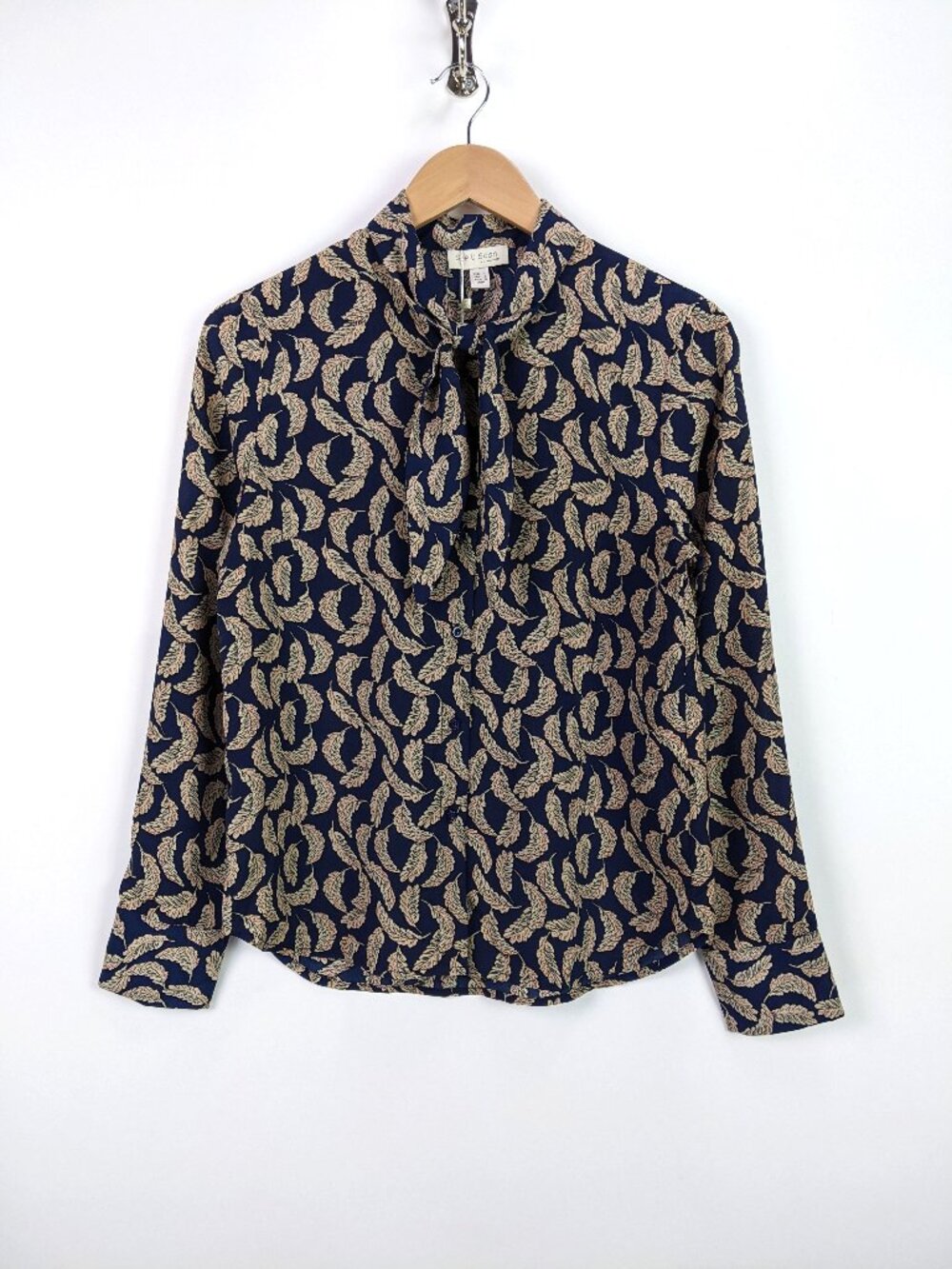 See U Soon Womens Navy Feather Print Tie Neck Blouse Size S